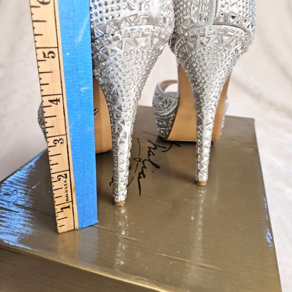 Thalia Sodi Silver Rhinestone Studded High Heel T-Strap Peep Toe Shoes 7M - Picture 9 of 14